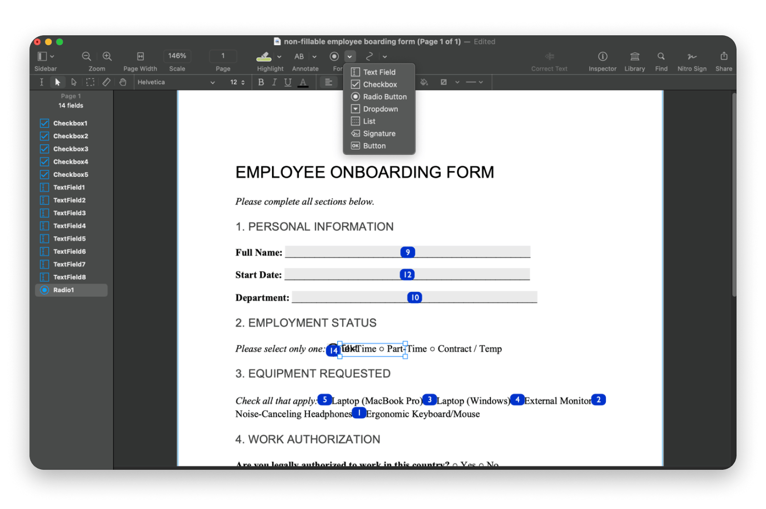 Adding extra fields manually using Nitro PDF Pro, available on Setapp.