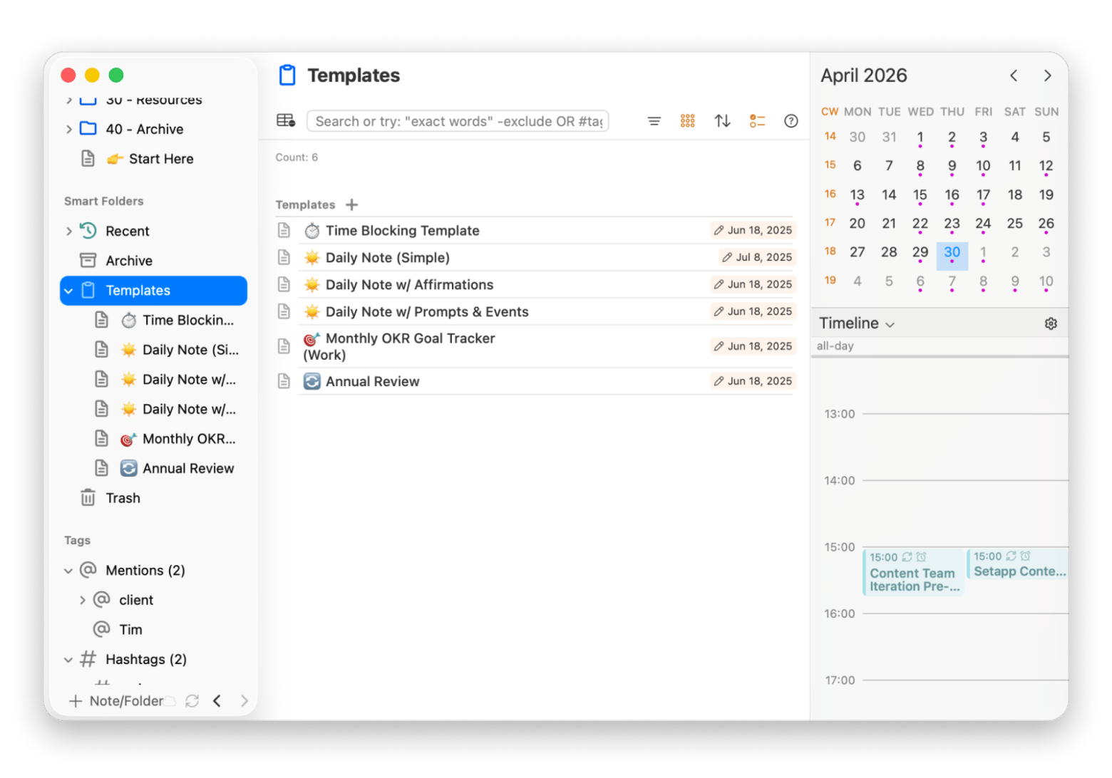 The templates window of NotePlan, a note-taking app that is available on Setapp.