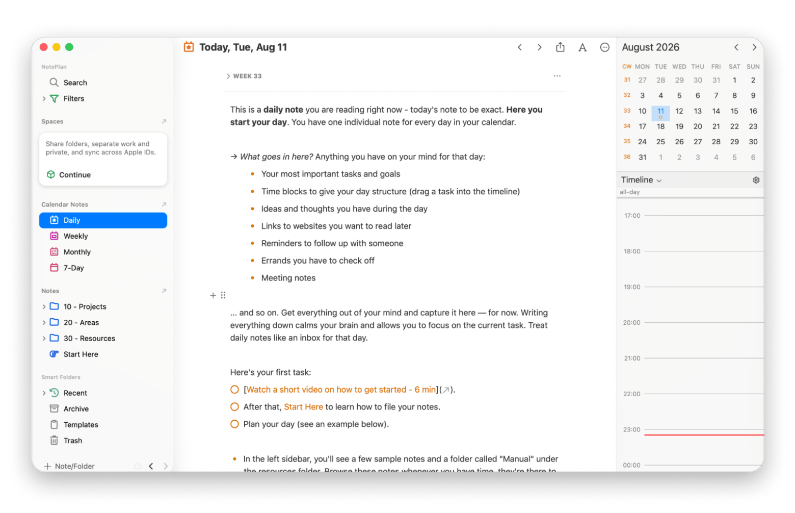 The daily notes view in NotePlan, a notes and task management app available on Setapp