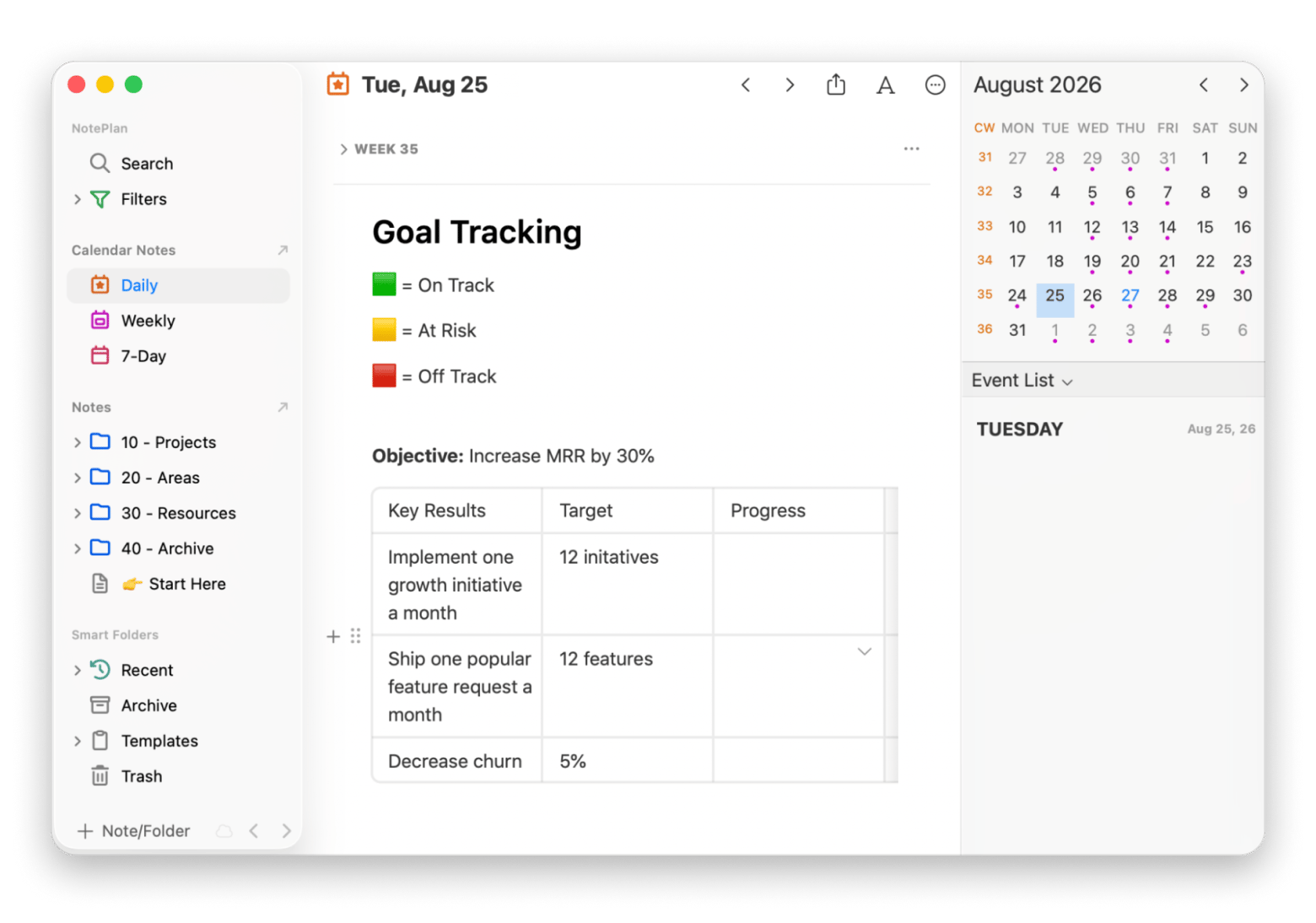 The calendar and task planning view in NotePlan, a planning app available on Setapp