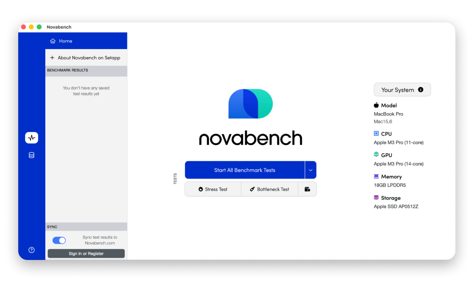 The start window of Novabench, a Mac system performance app that is available on Setapp.