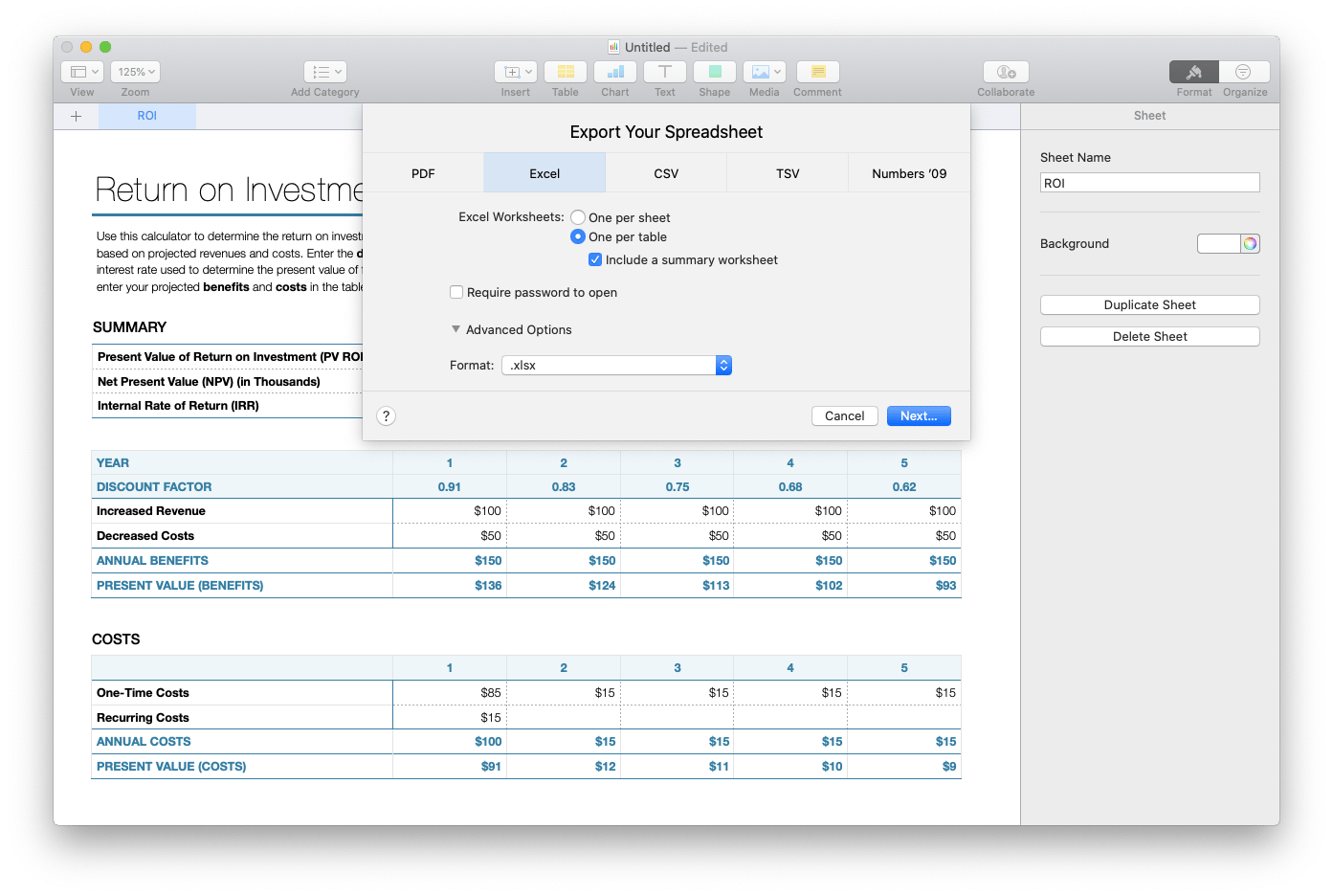 Numbers to Excel export Mac