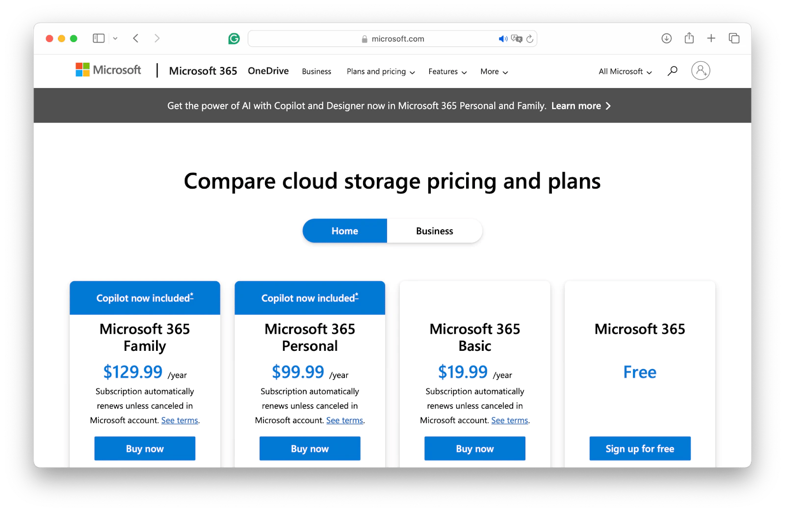 OneDrive cloud storage plans