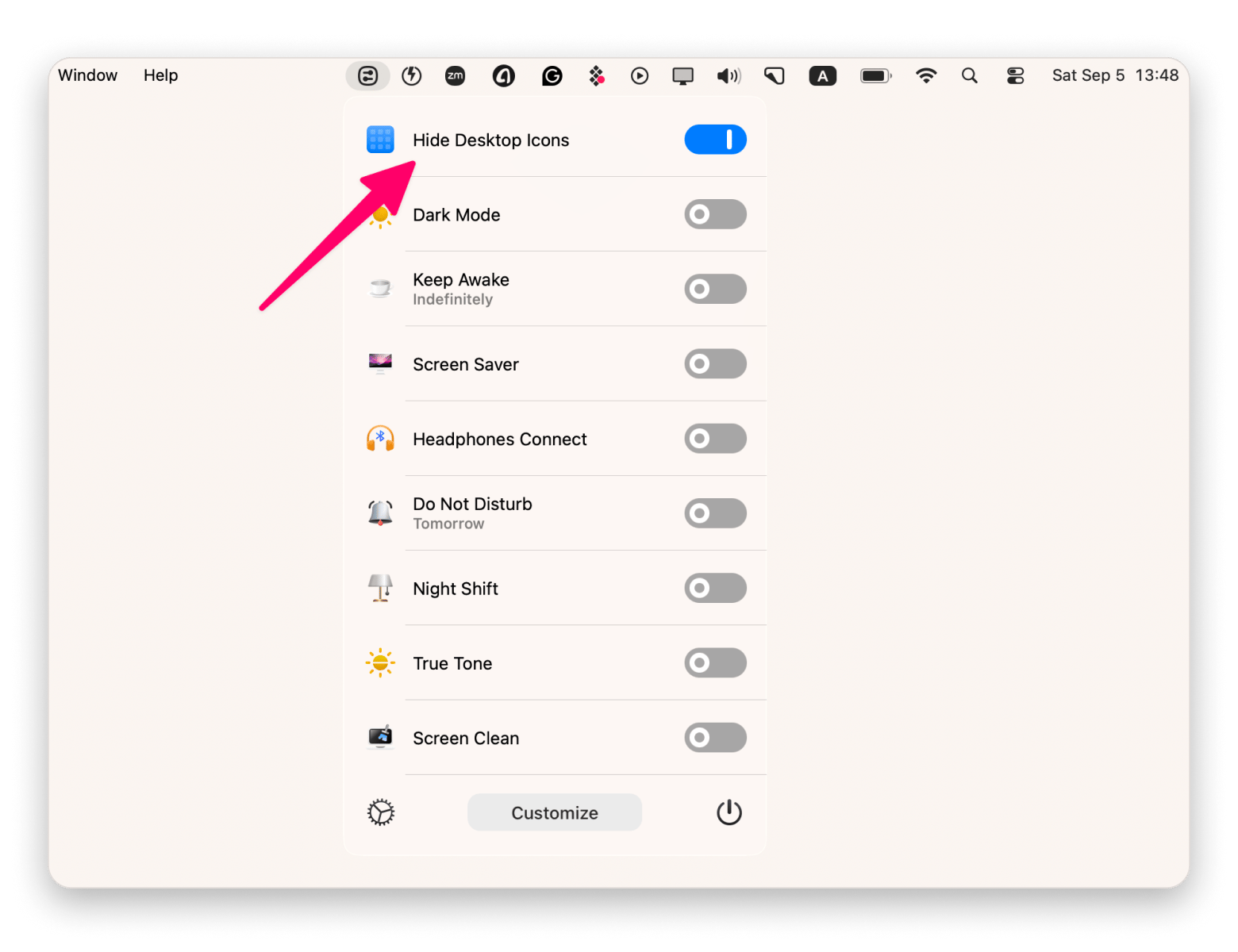 The menu bar interface of One Switch, a productivity app available on Setapp, showing the toggle to hide desktop icons