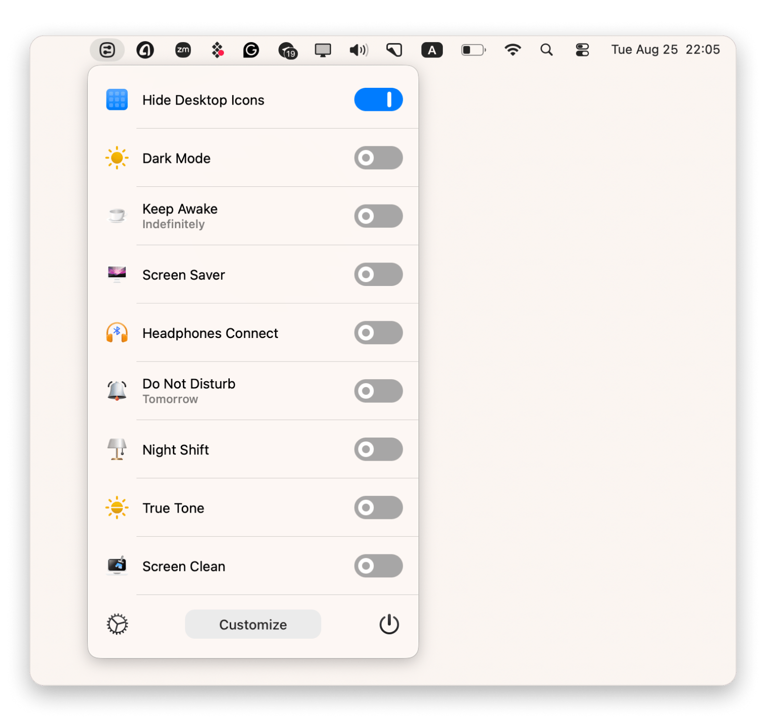 The interface of One Switch, a menu bar toggle app available on Setapp