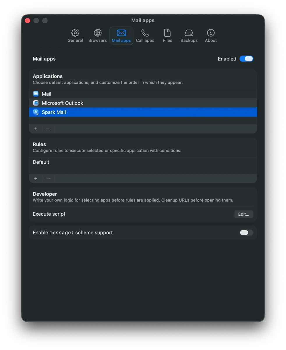 Setting default mail apps and rules in Open In, an app manager from Setapp