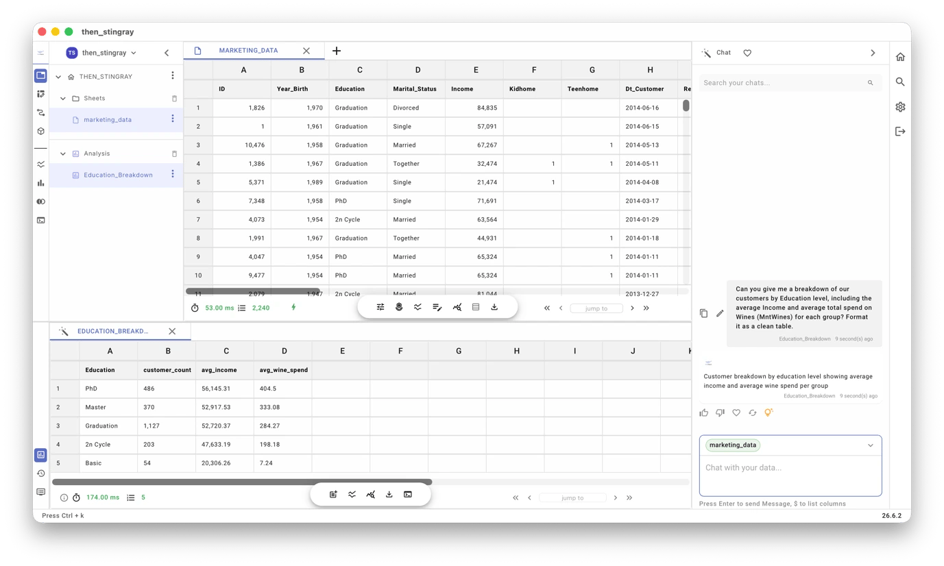 Analysis via plain language on OrcaSheets, an analytic tool available on Setapp