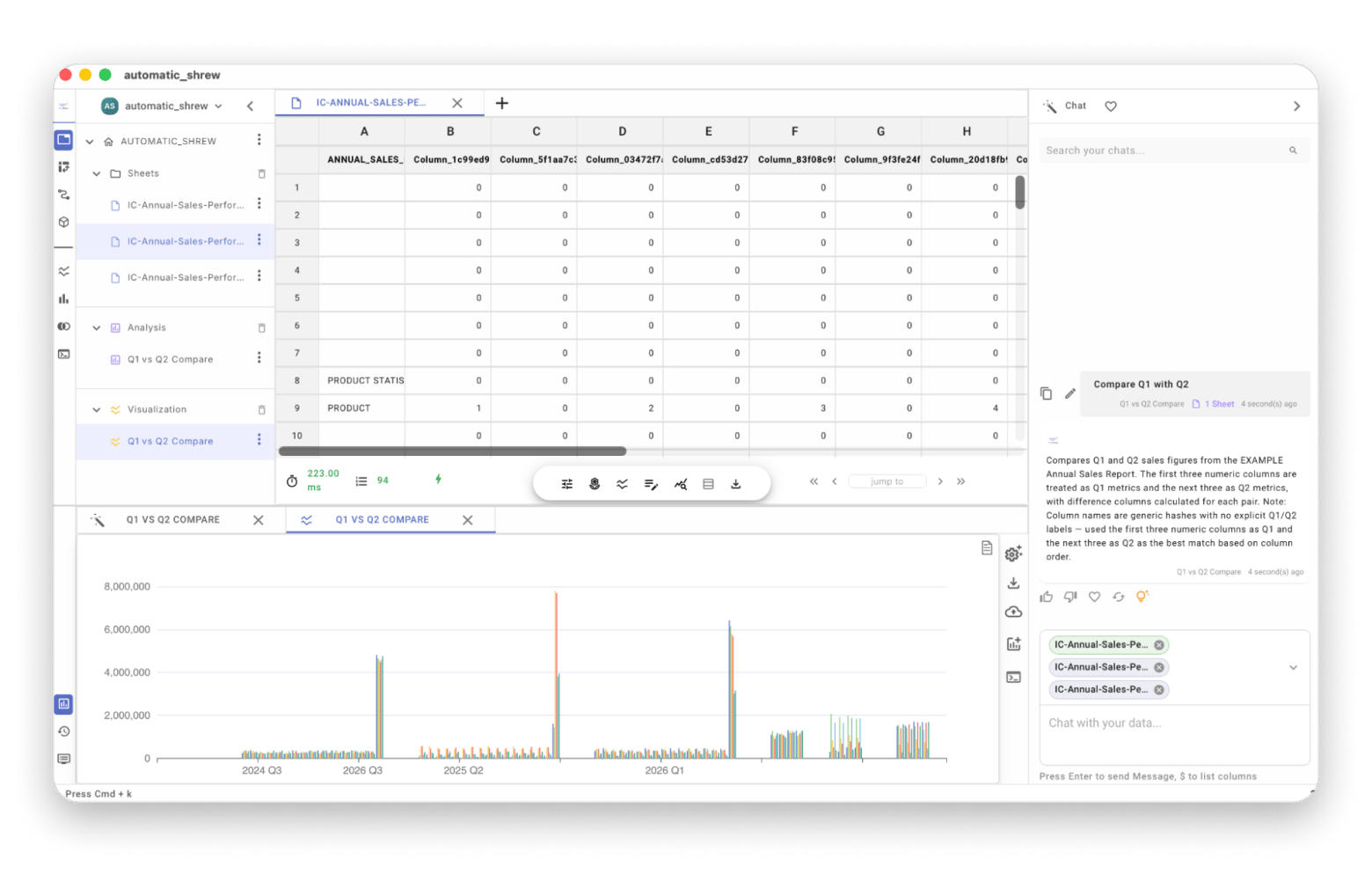 Comparing data using natural language on OrcaSheets, a Mac AI analysis app available on Setapp. Comparing data using natural language on OrcaSheets, a Mac AI analysis app available on Setapp.