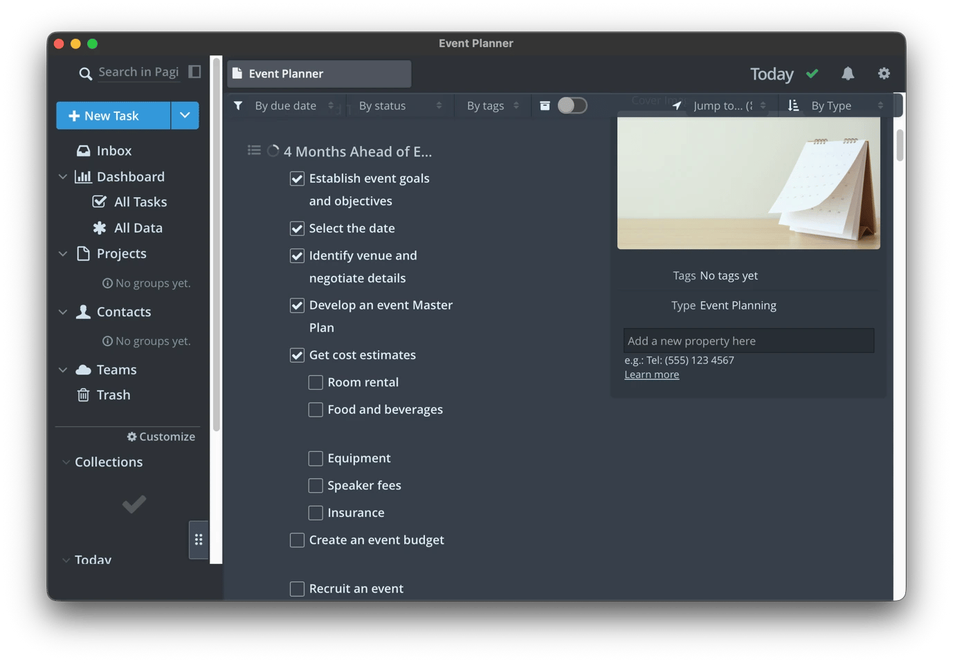Planning an event on Pagico, a project management tool available on Setapp