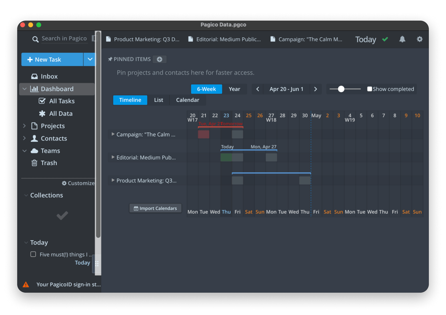The projects and tasks dashboard of Pagico, a Notion alternative available on Setapp.