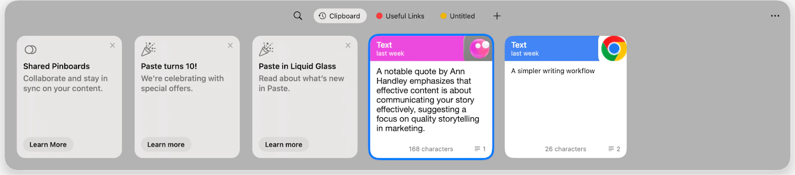 The Clipboard tab in Paste, a clipboard management app available on Setapp. The Clipboard tab in Paste, a clipboard management app available on Setapp.