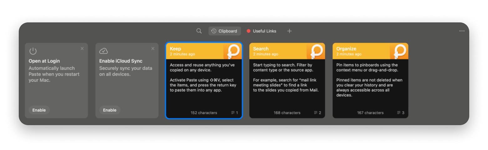 The interface of Paste, a clapboard management app that is available on Setapp