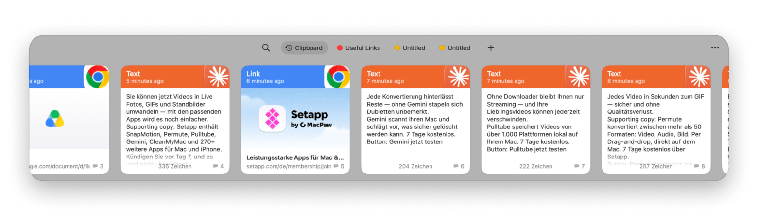 Die Oberfläche von Paste, einem Clipboard-Manager, der auf Setapp verfügbar ist