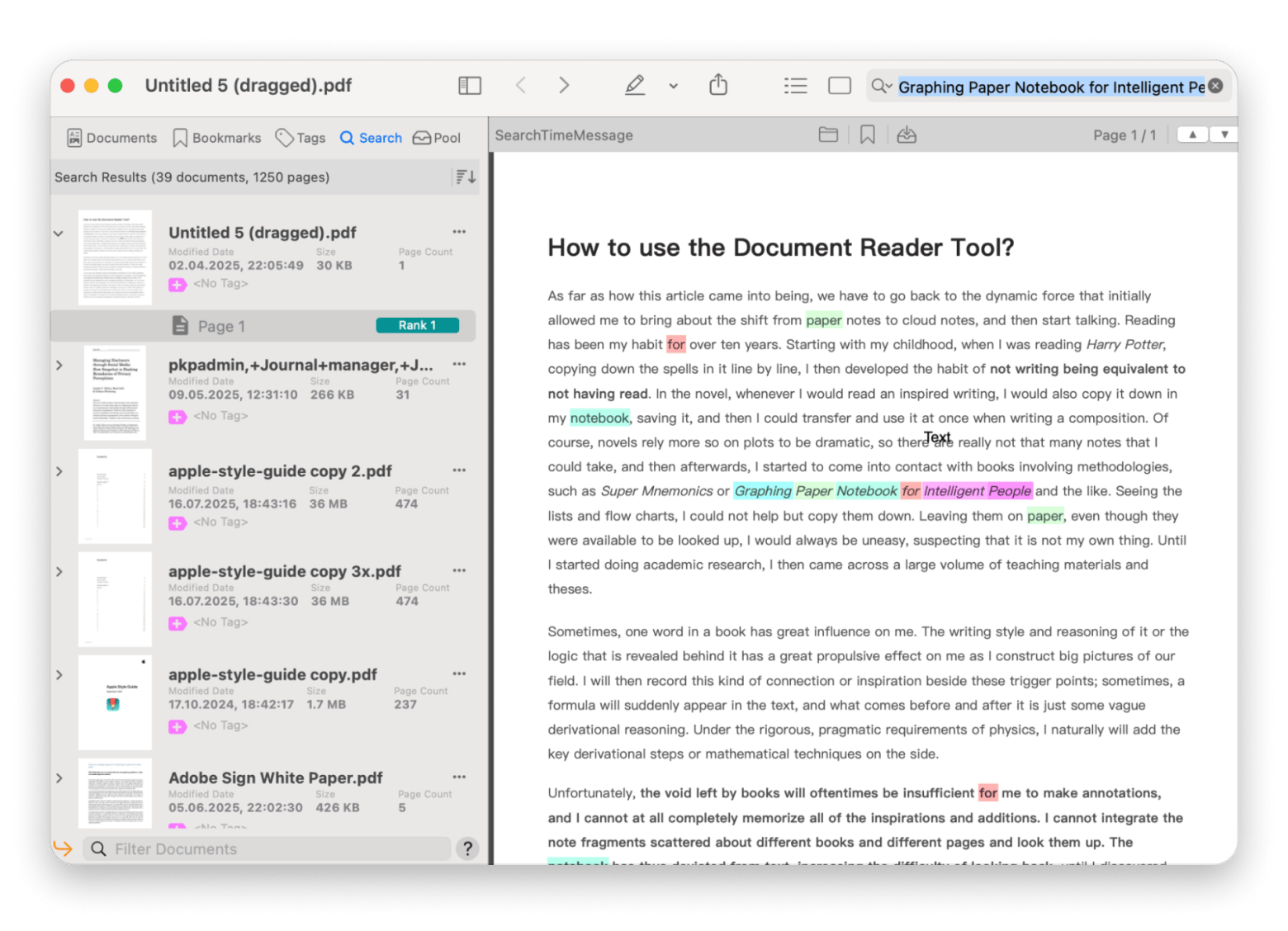 The interface of PDF Search, a PDF research tool that is available on Setapp