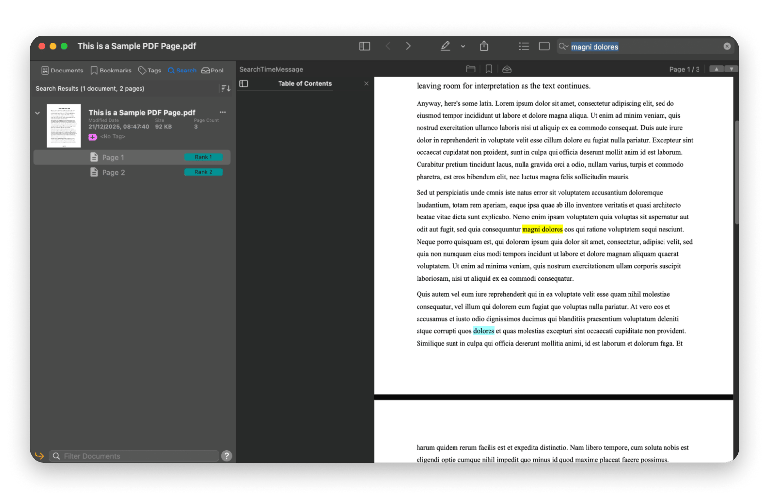 Searching text in a PDF using PDF Search, an app available on Setapp.