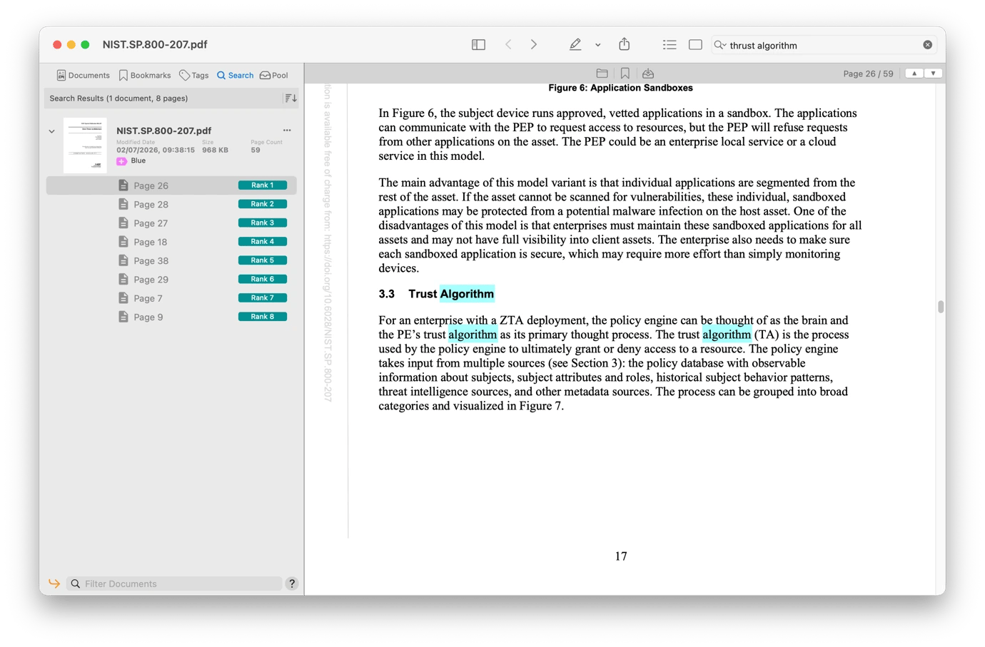 Searching terms on PDF Search, an AI-powered PDF tool available on Setapp