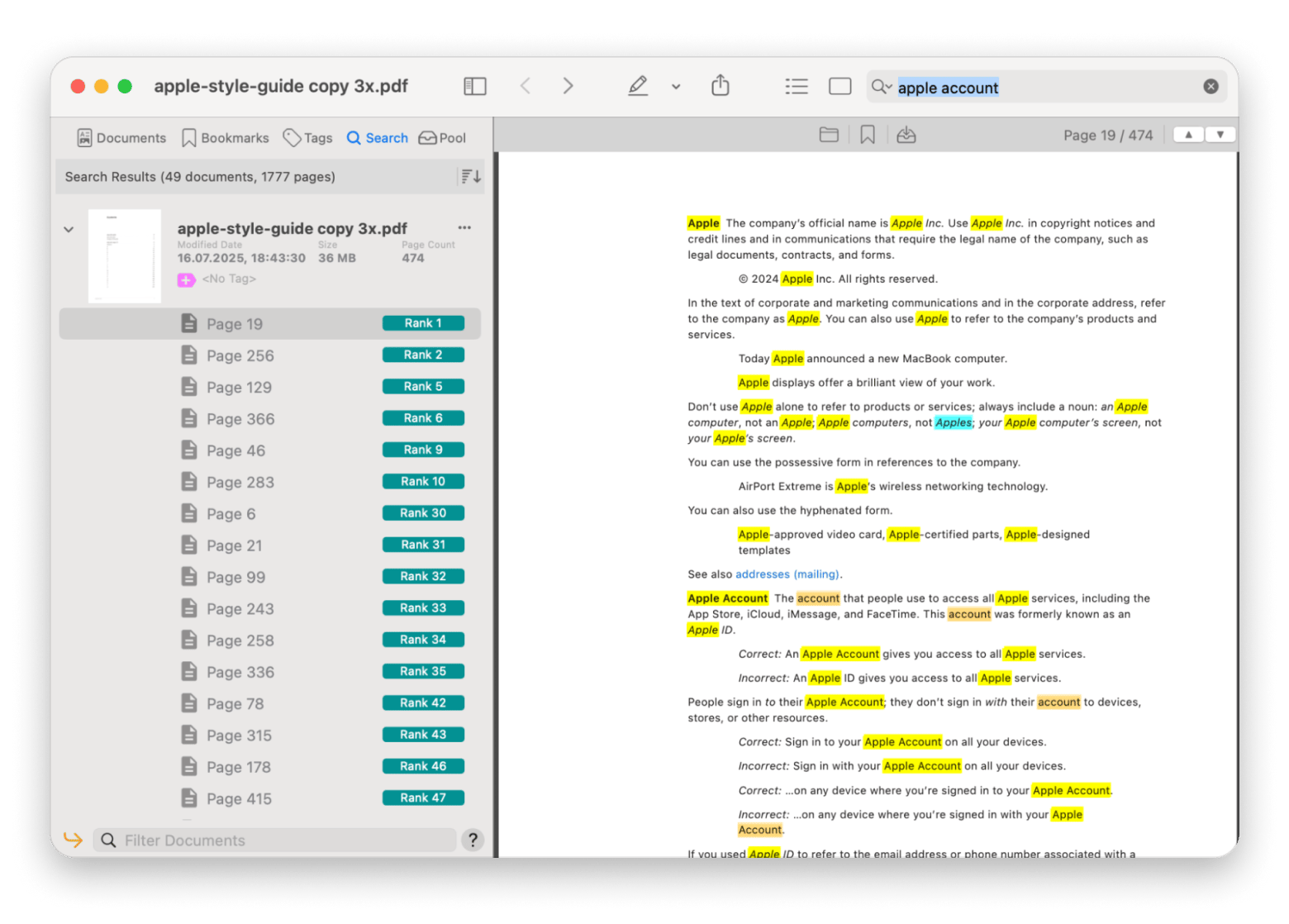 Search results for a specific phrase across exported message PDFs in PDF Search, an AI-powered search app available on Setapp