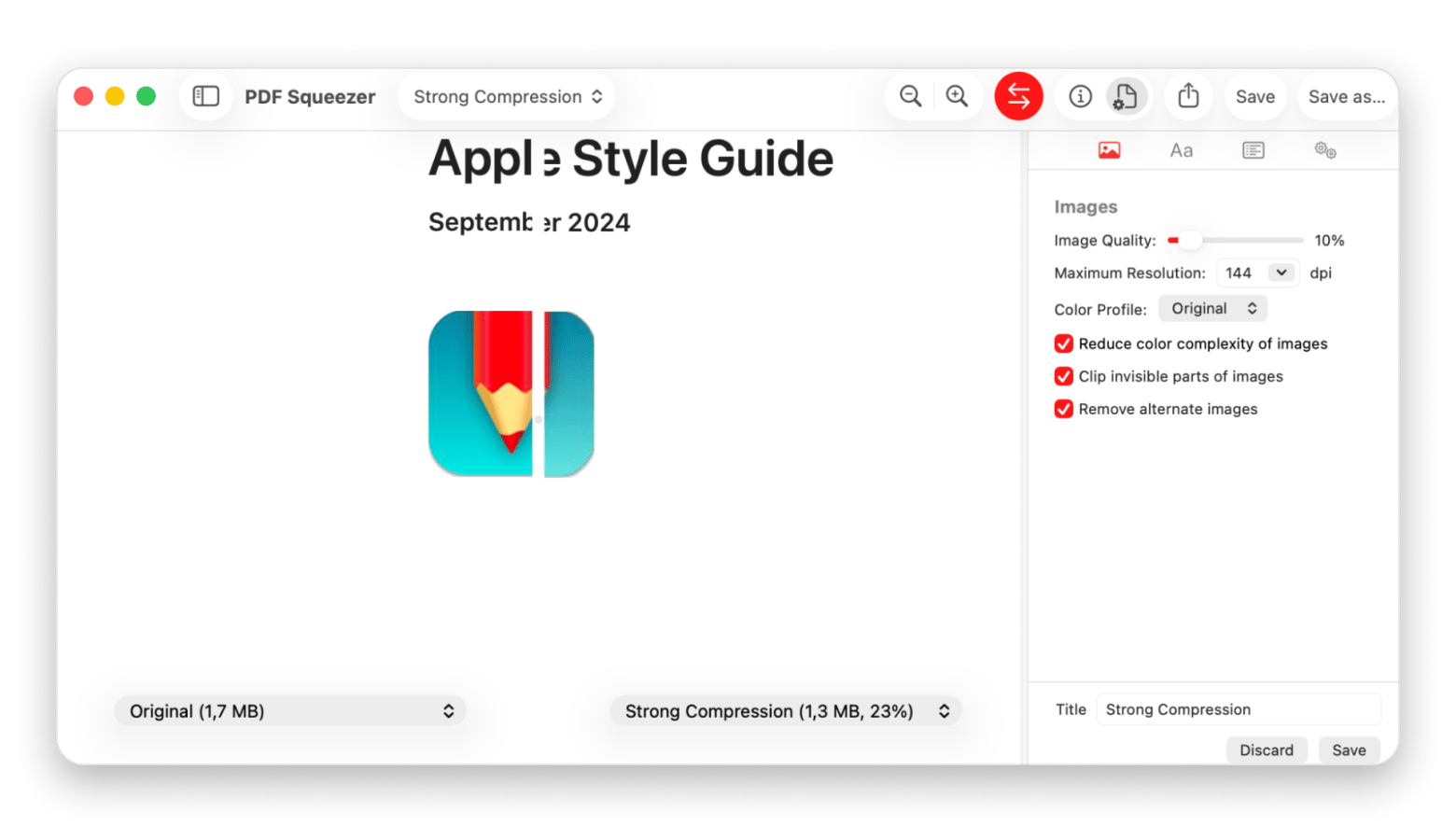 The interface of PDF Squeezer, a PDF compression tool that is available on Setapp