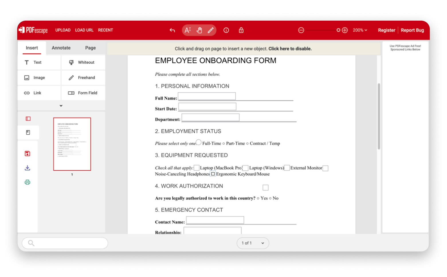 Creating a fillable PDF form with PDFescape