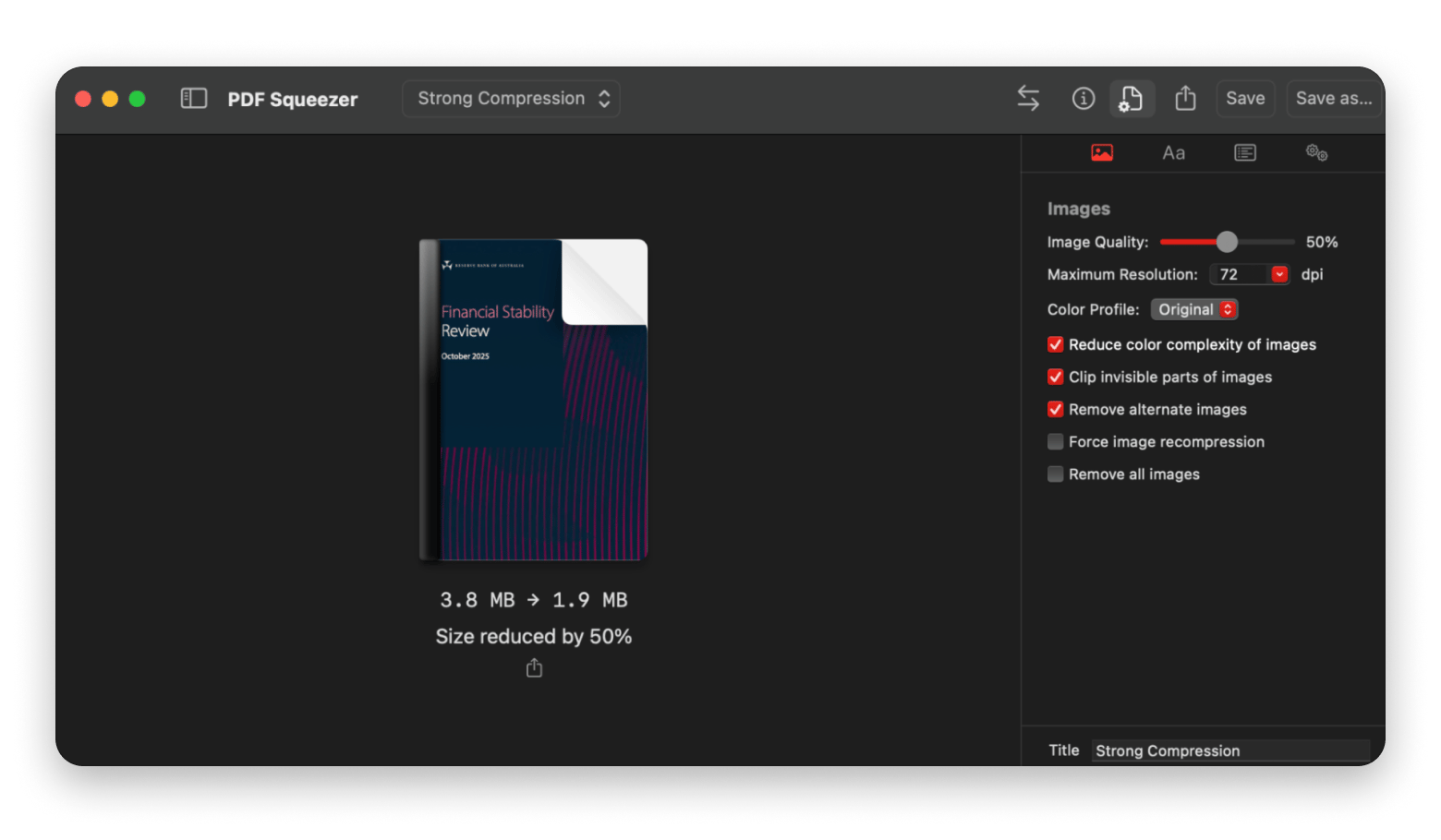 Reducing a PDF file size using PDFSqueezer, an app available on Setapp.