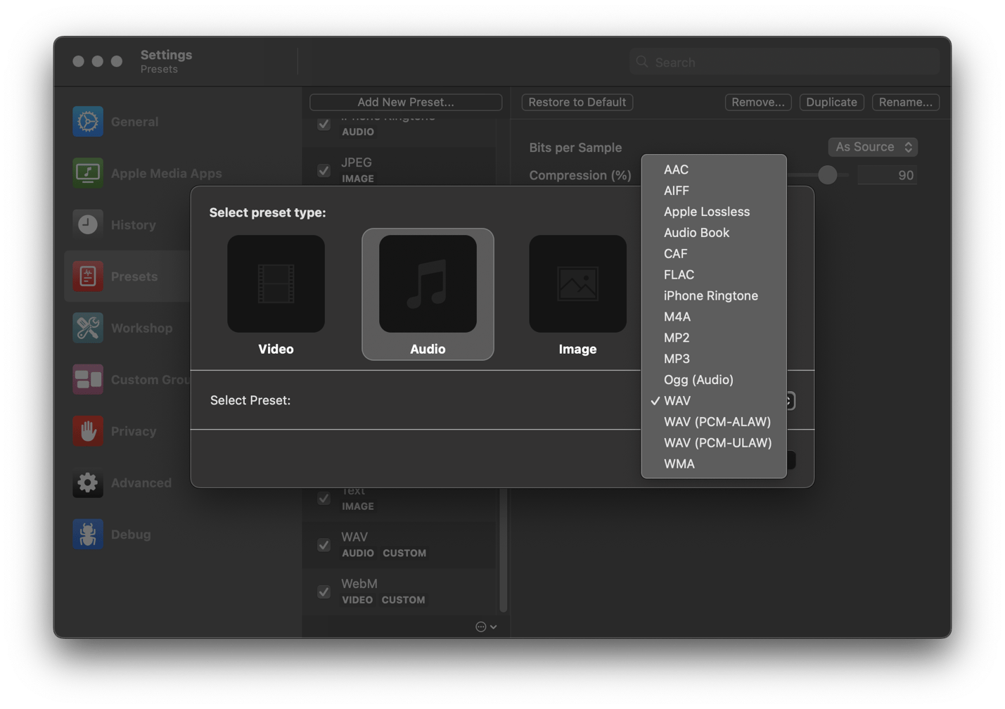 The add preset interface of Permute, a media conversion tool available on Setapp.