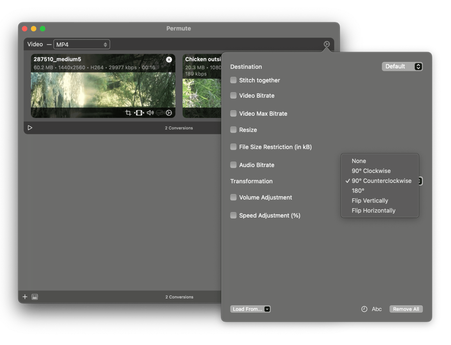 The rotation settings on Permute, a file converting and editing app that is available on Setapp.
