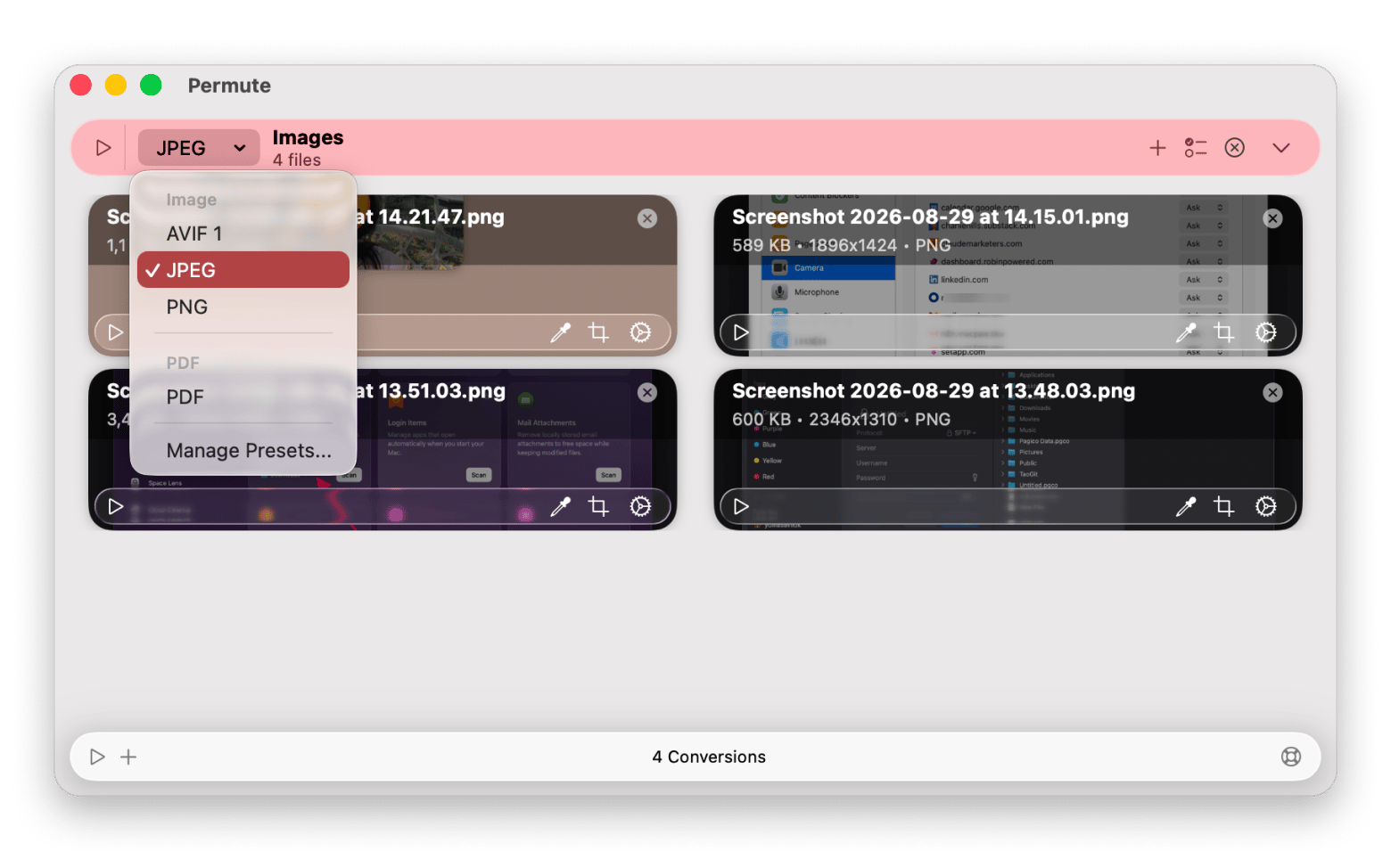 Dragging PNG files into Permute for batch conversion, a converter available on Setapp