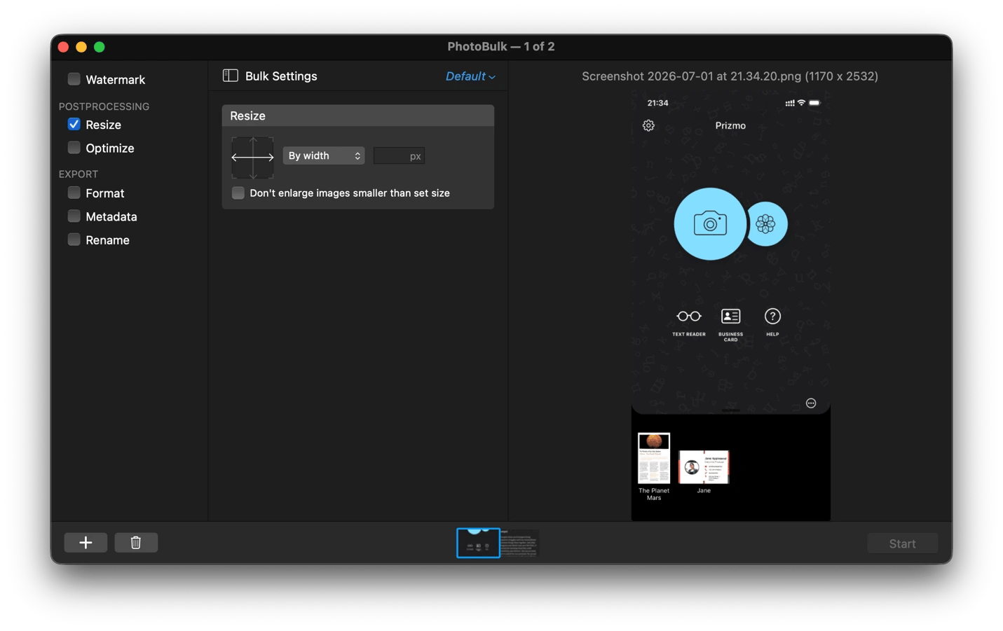 Resizing multiple images in one batch using PhotoBulk, a batch image processing app from Setapp