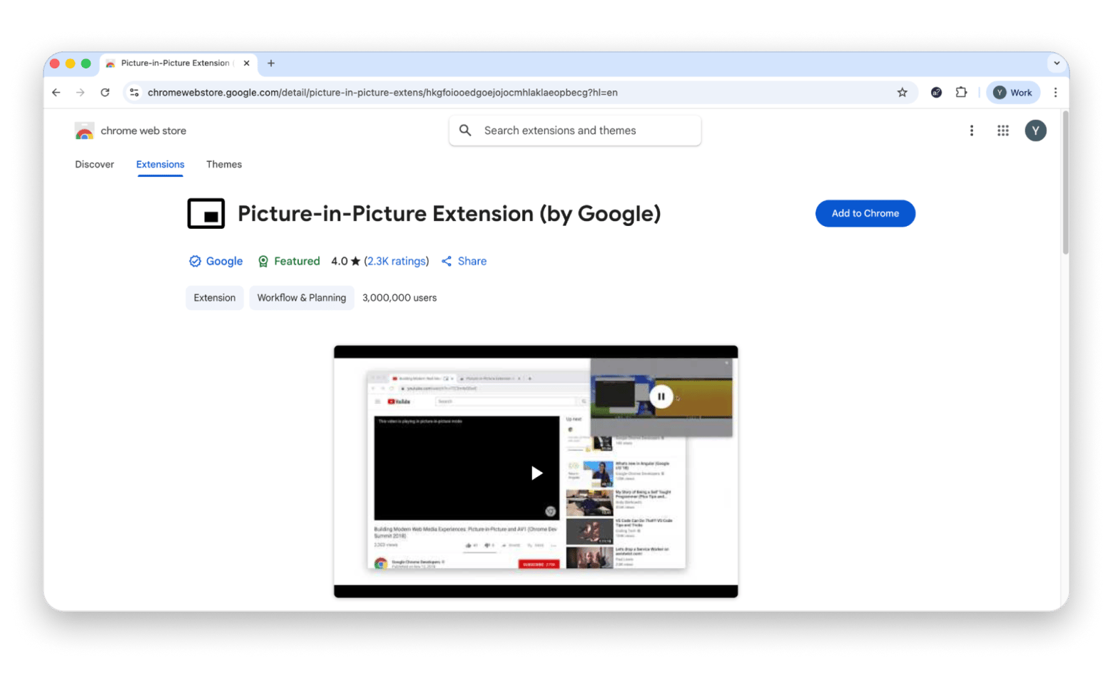 Picture-in-Picture Extension by Google in Chrome Store