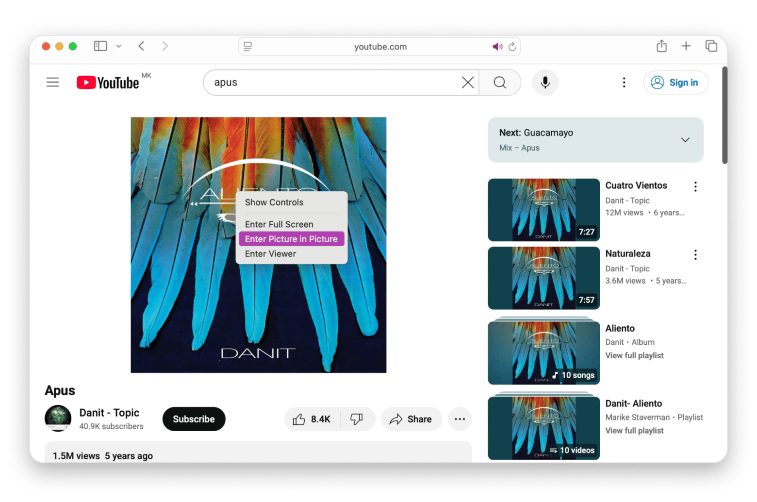 Picture in picture mode on YouTube in Safari