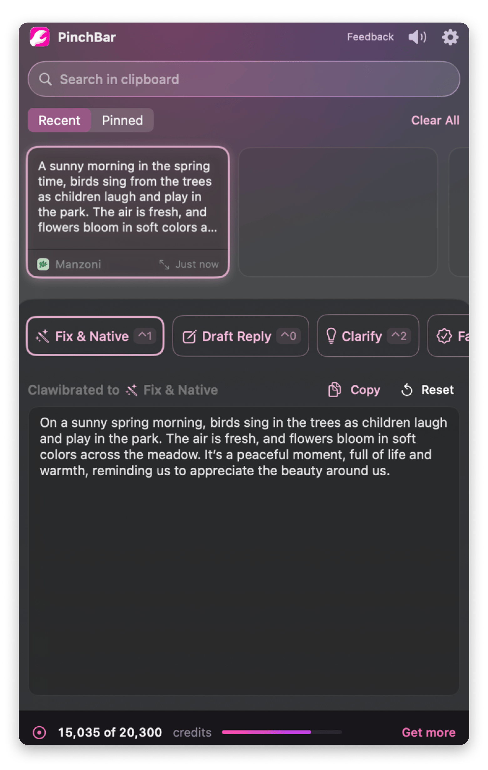 The menu bar interface of Pinchbar, a Mac AI app for inline text & clipboard actions available on Setapp. The menu bar interface of Pinchbar, a Mac AI app for inline text & clipboard actions available on Setapp.