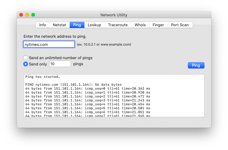 Ping a website with Network Utility