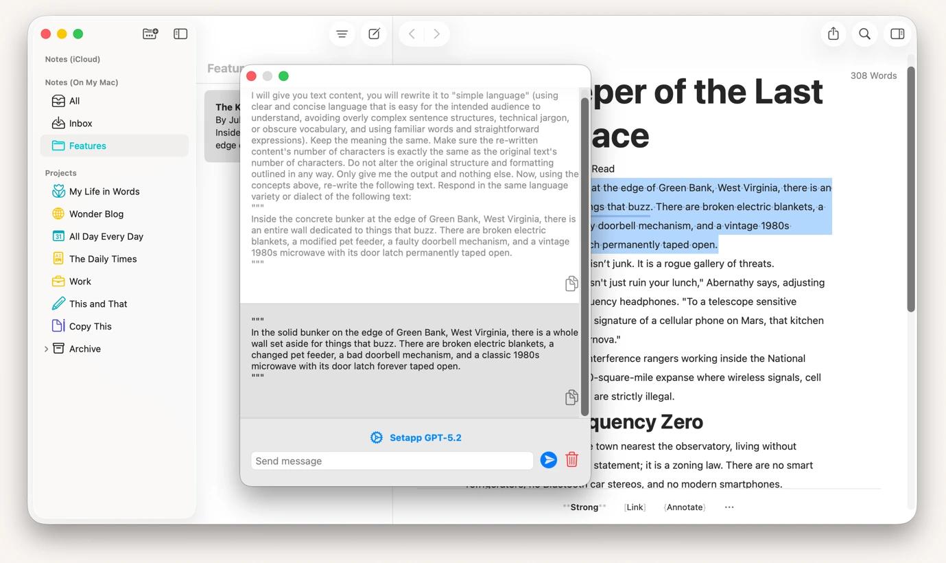 AI writing assistance through Plus, an AI tool available on Setapp