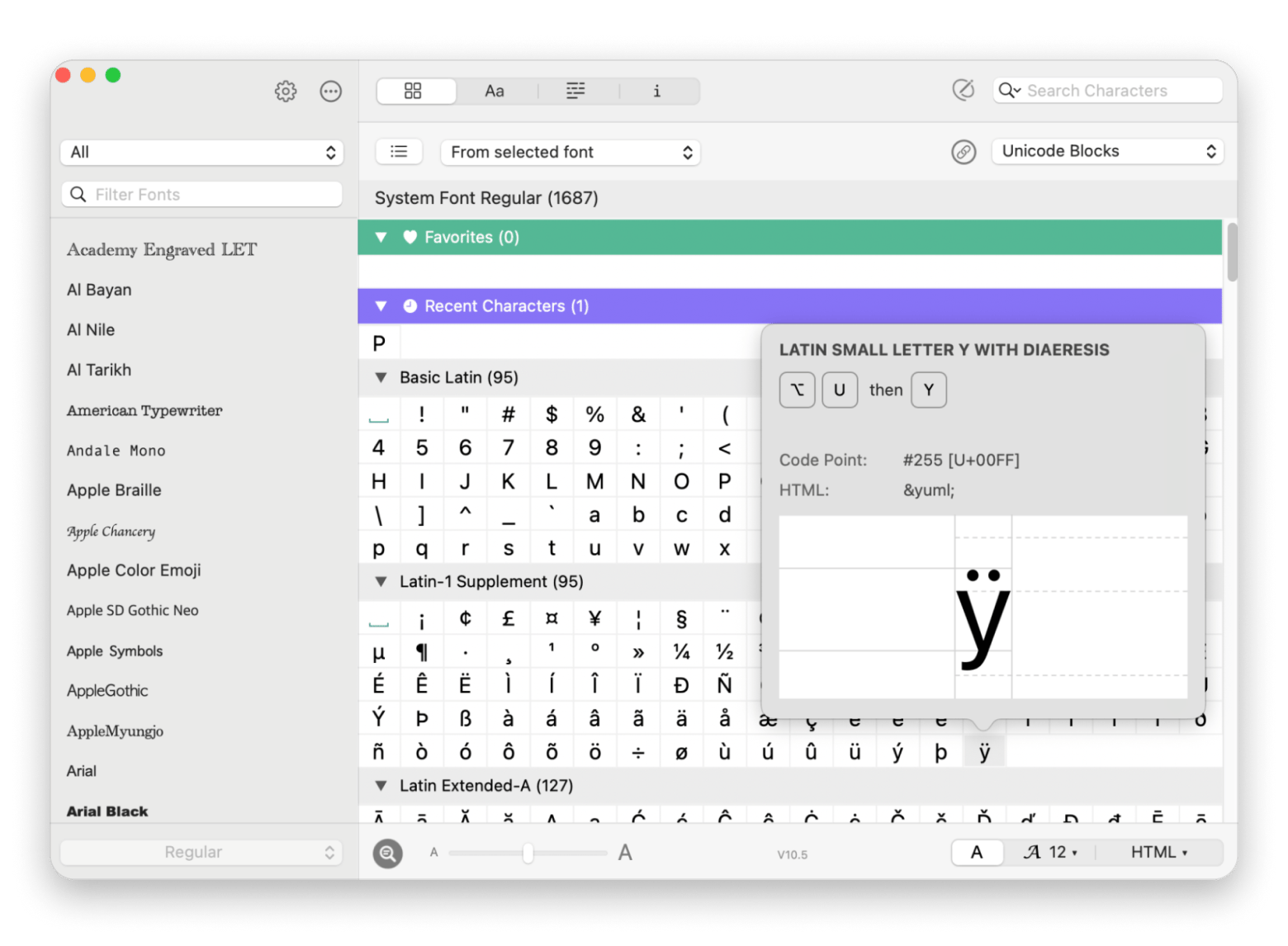 The fonts and symbols overview in PopChar, a character finder app available on Setapp