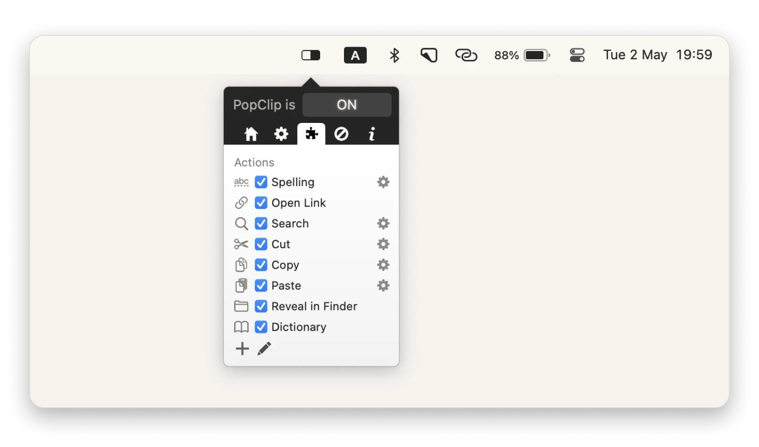 Menu de ações instantâneas do PopClip ao selecionar texto no Mac, disponível no Setapp