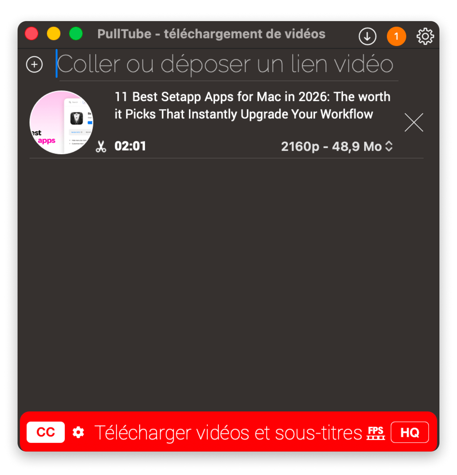 Pulltube avec l'URL d'une playlist YouTube collée pour lancer le téléchargement en lot au format MP3, disponible sur Setapp