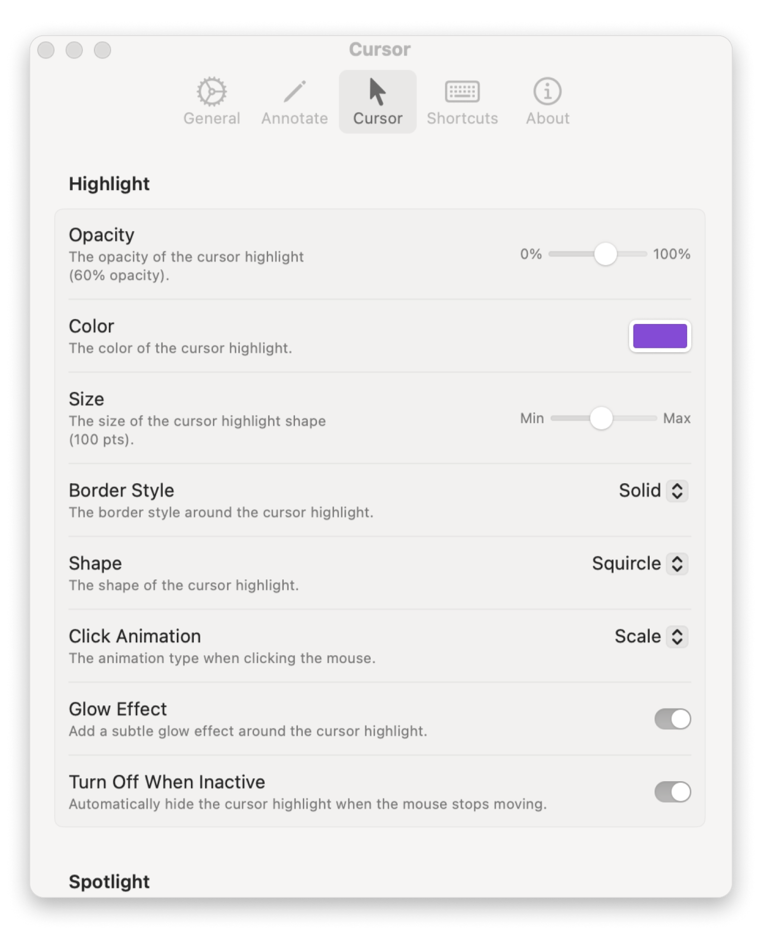 Cursor highlight customization settings in Presentify, a screen annotation app available on Setapp Cursor highlight customization settings in Presentify, a screen annotation app available on Setapp