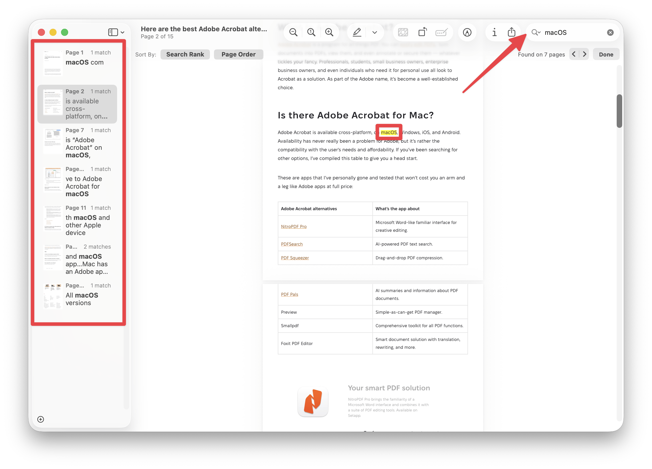 Searching for a word in a PDF file in a Preview app