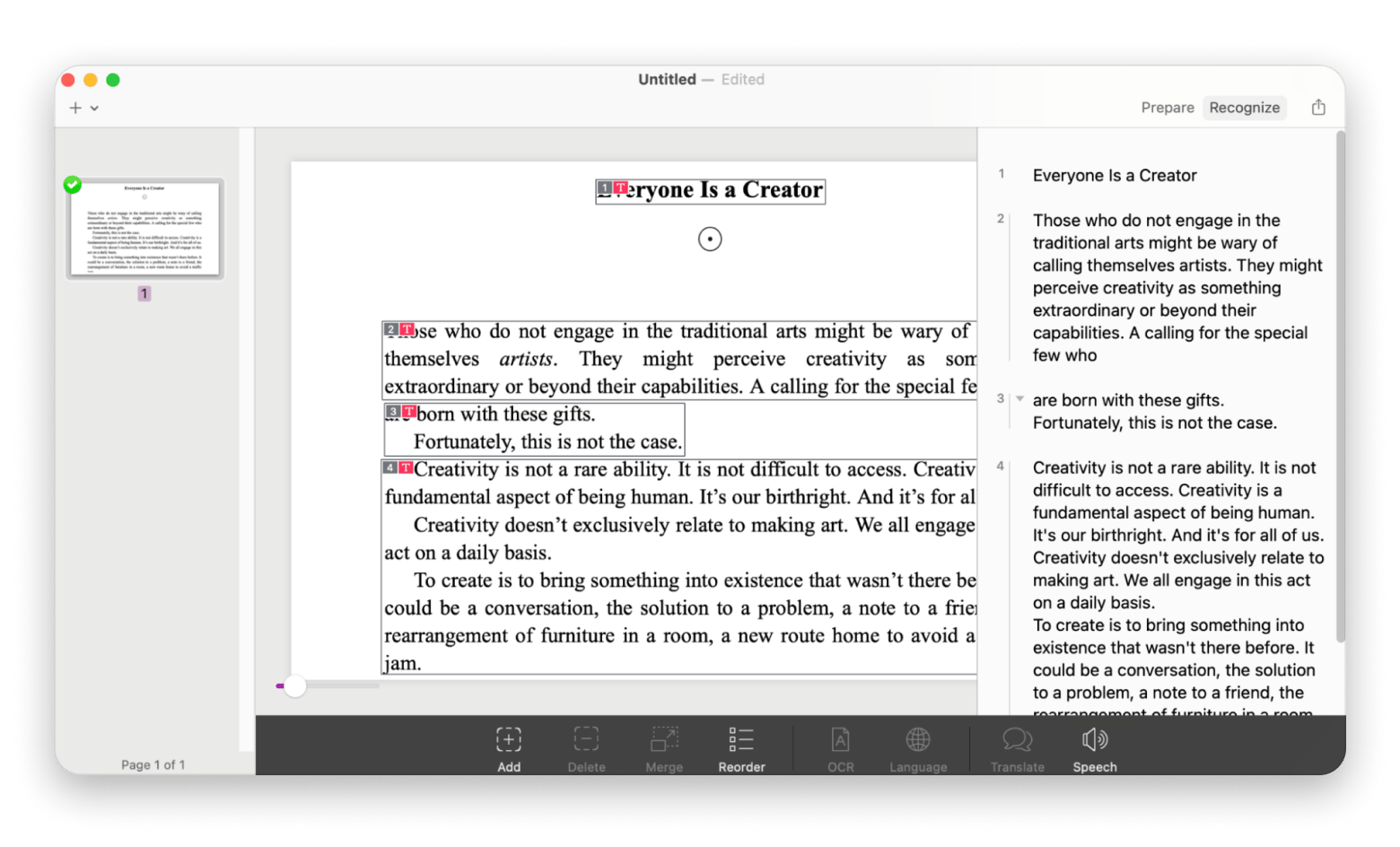 The PDF file editing on Prizmo, an OCR app that is available on Setapp.