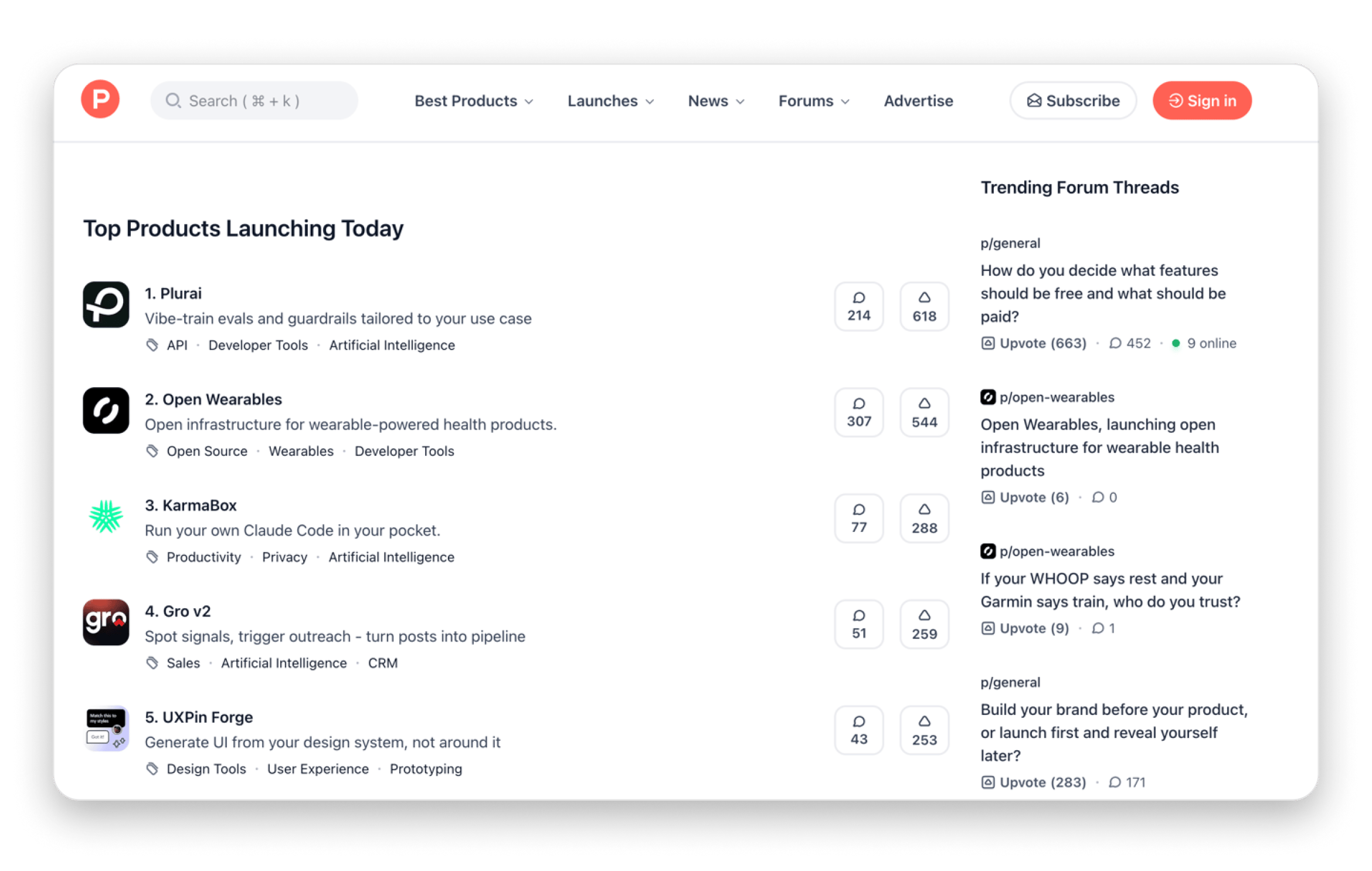 The home page of Product Hunt, an app discovery platform