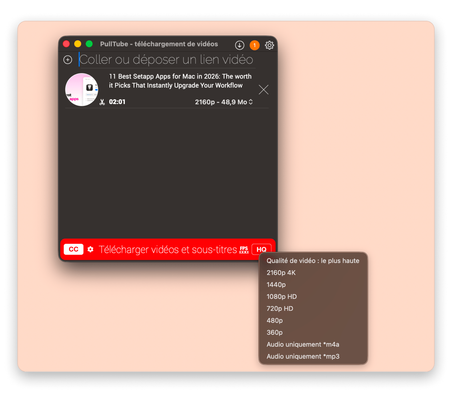Pulltube avec l'option Audio uniquement sélectionnée pour extraire un MP3 depuis une vidéo YouTube sur Mac, disponible sur Setapp