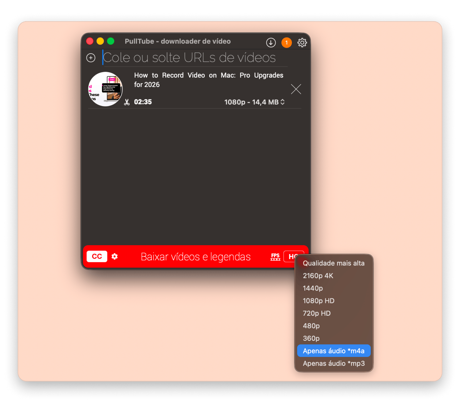 Interface do Pulltube mostrando o download de áudio em MP3 de um vídeo do YouTube, um aplicativo de download disponível no Setapp