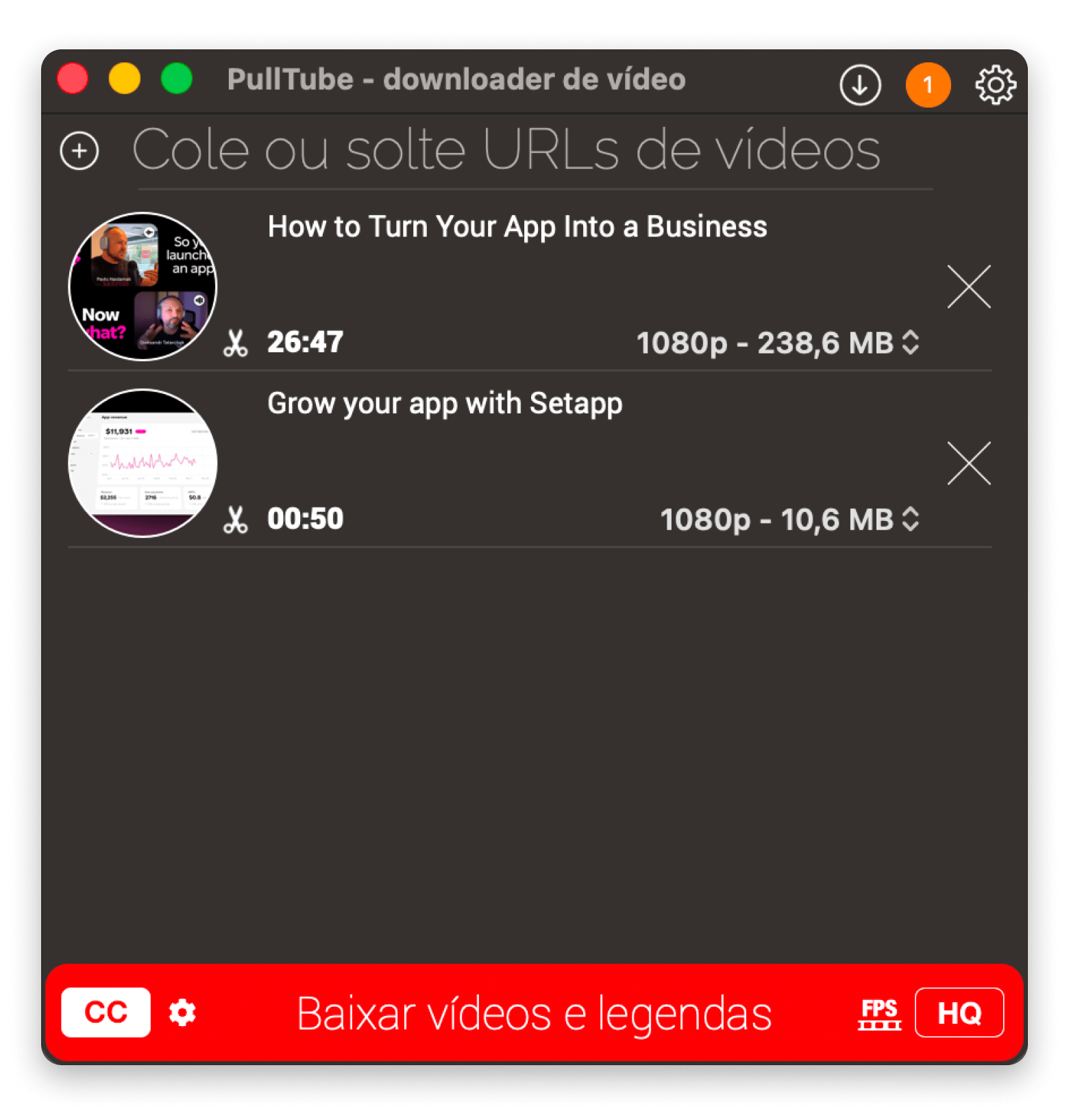 Pulltube com URL de playlist do YouTube colada para download em lote no formato MP3, disponível no Setapp
