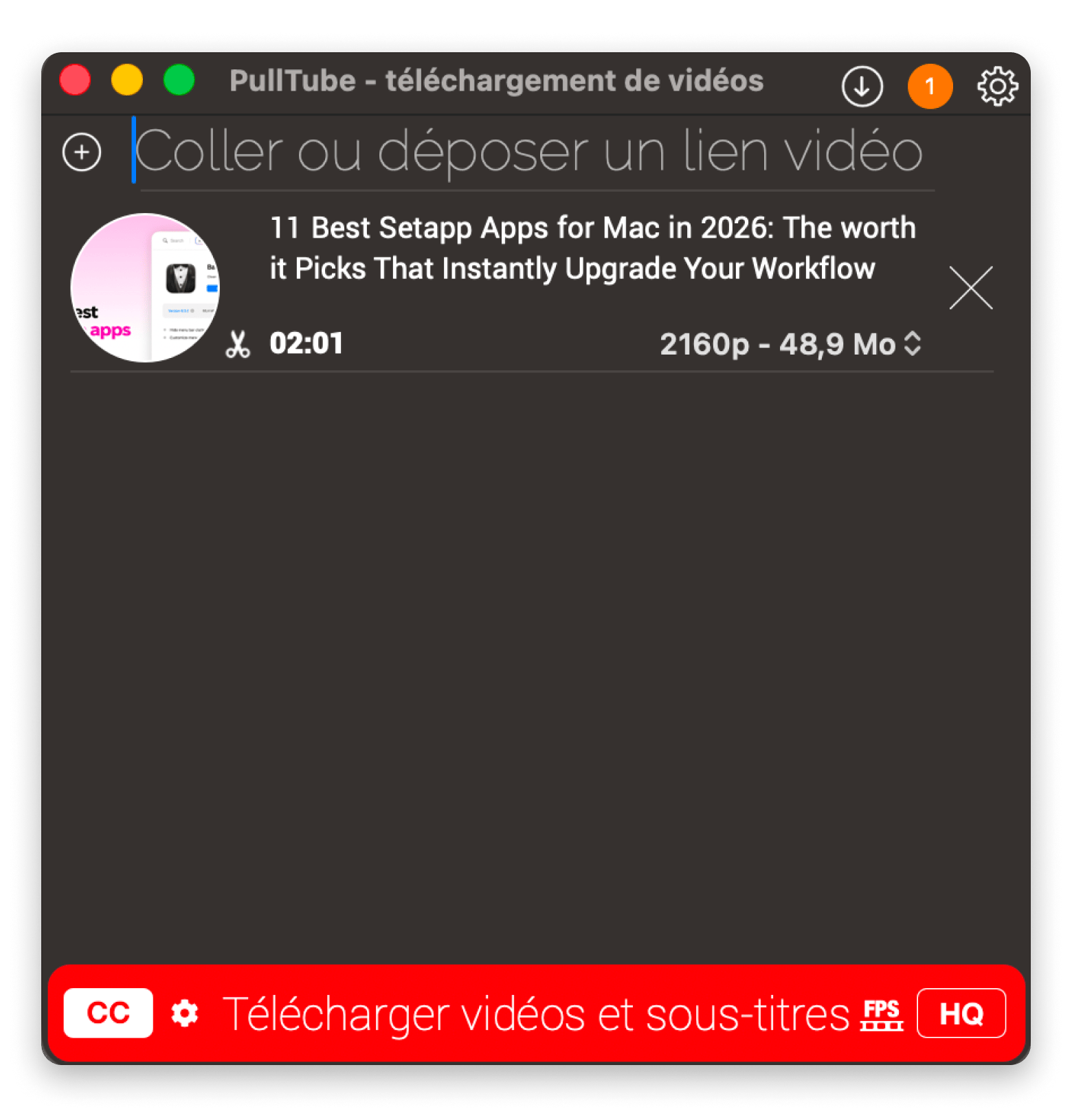 Pulltube avec l'outil de découpe par timecode permettant de sélectionner un extrait avant de télécharger, disponible sur Setapp