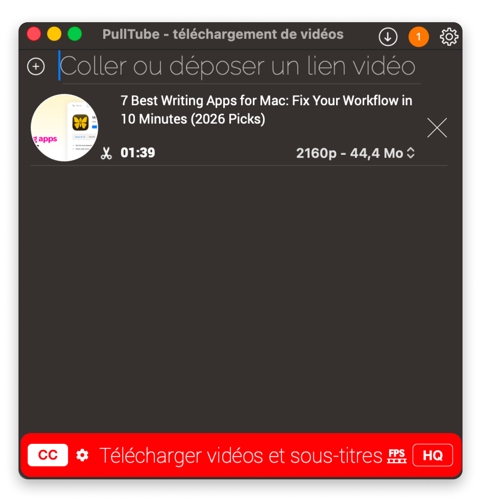 Pulltube avec l'outil de découpe par timecode permettant de sélectionner un extrait précis avant de télécharger une vidéo YouTube, disponible sur Setapp