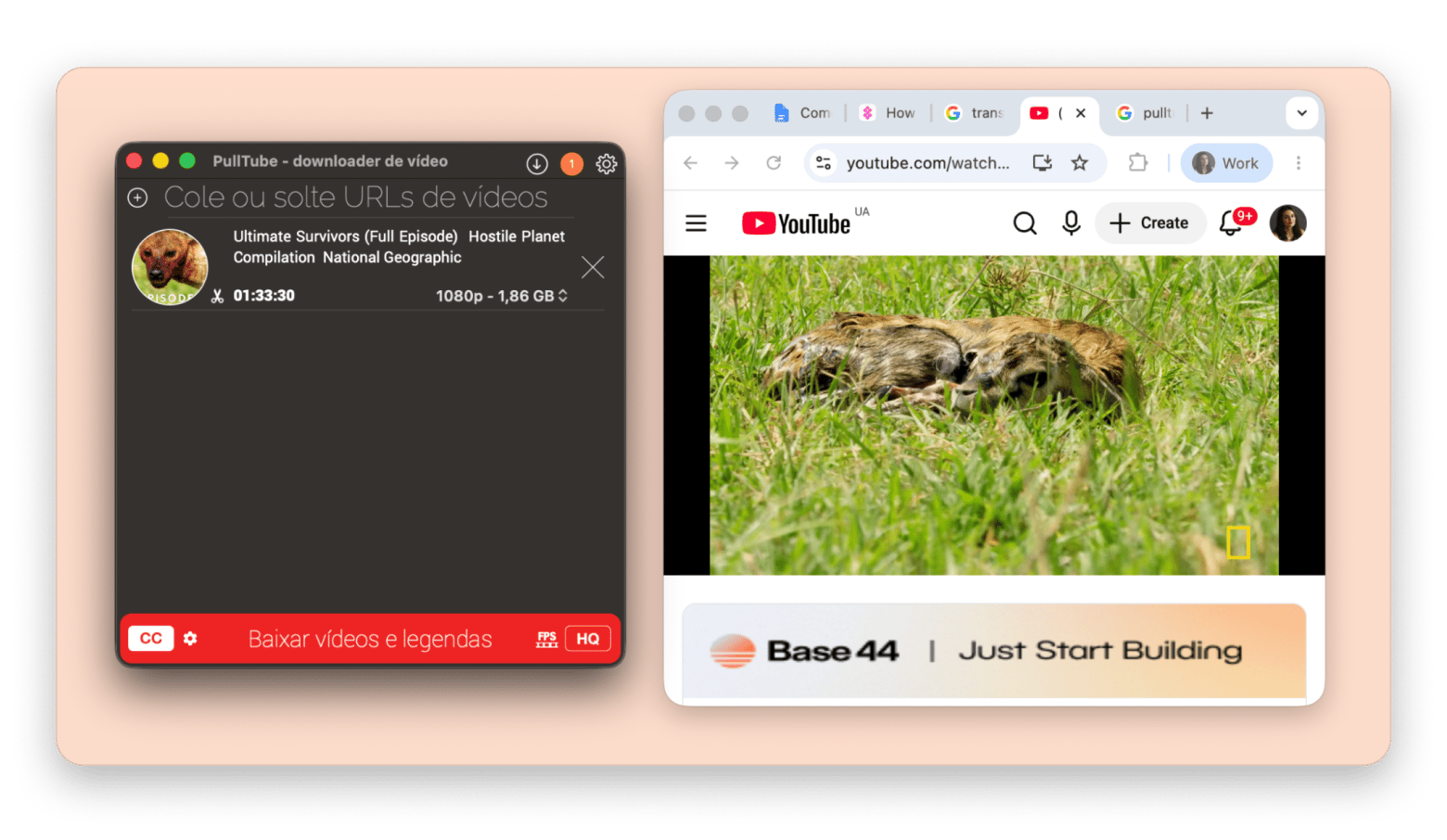 Interface do Pulltube mostrando opções de qualidade e legenda, disponível no Setapp