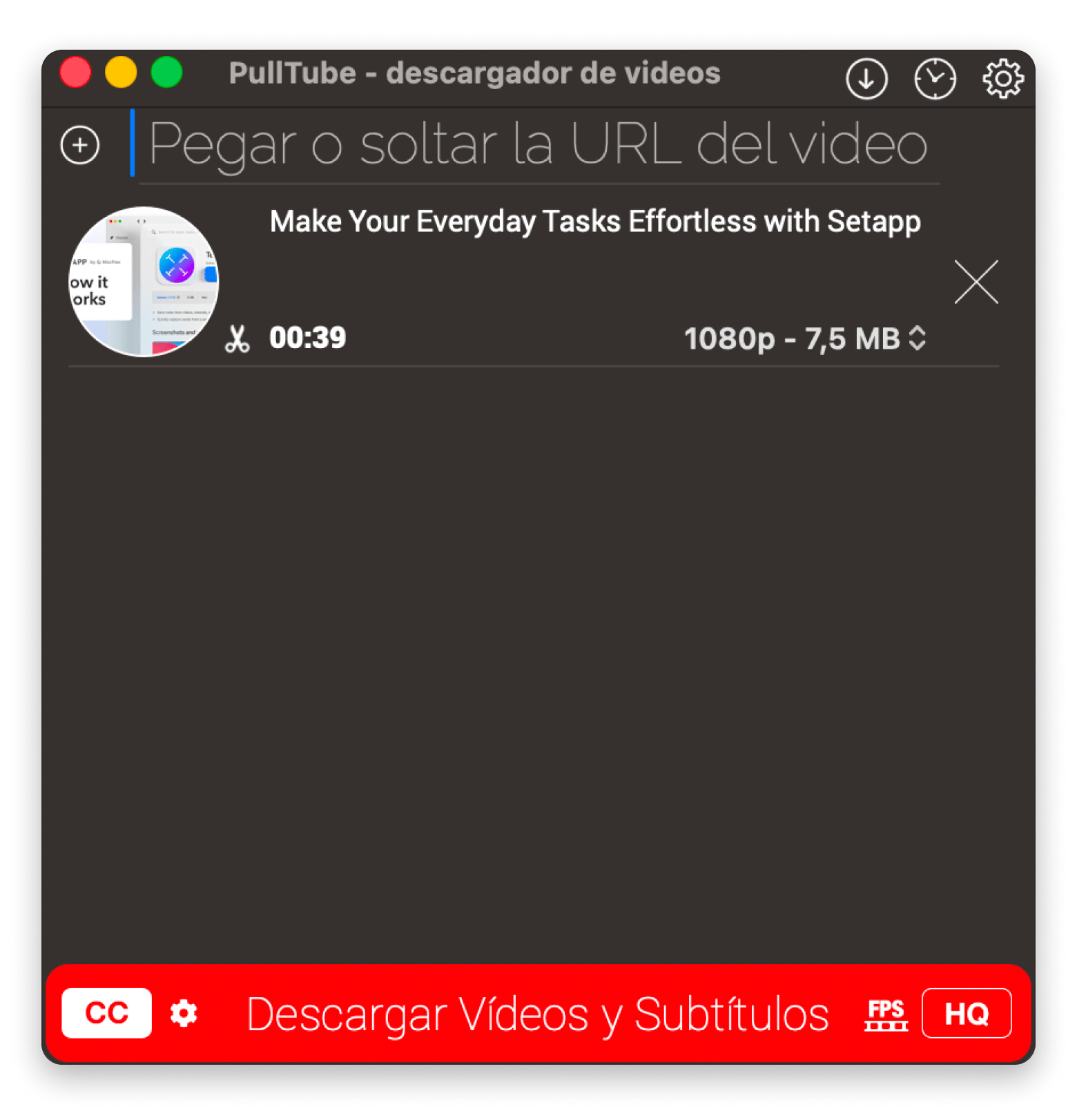 Interfaz de Pulltube, descargador de vídeo con recorte previo, disponible en Setapp