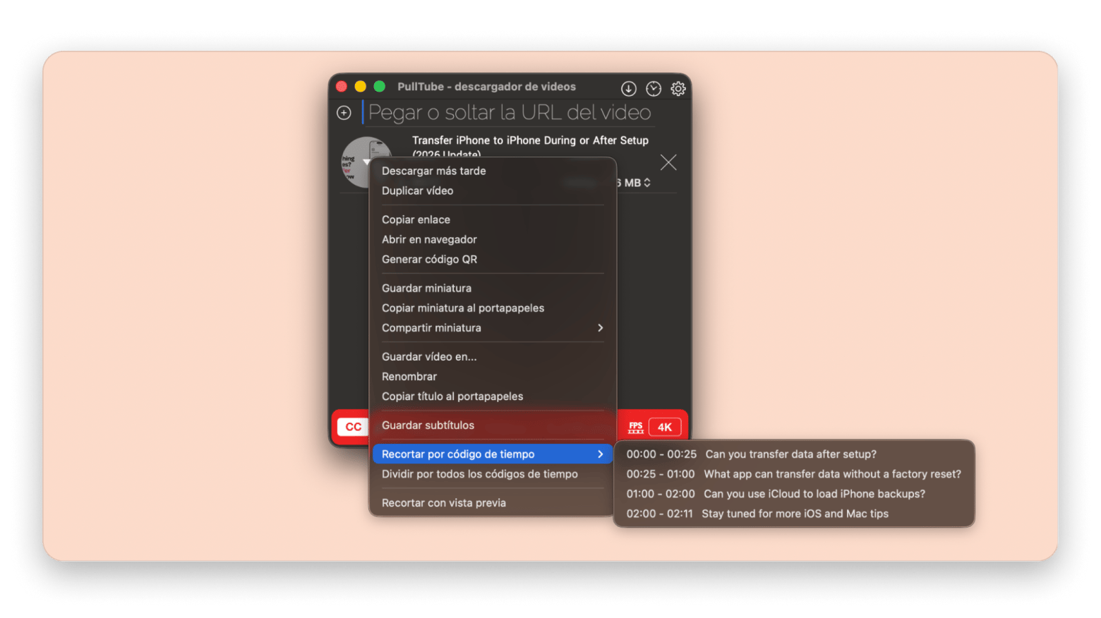 Función de recorte por código de tiempo en Pulltube &mdash; descargador disponible en Setapp