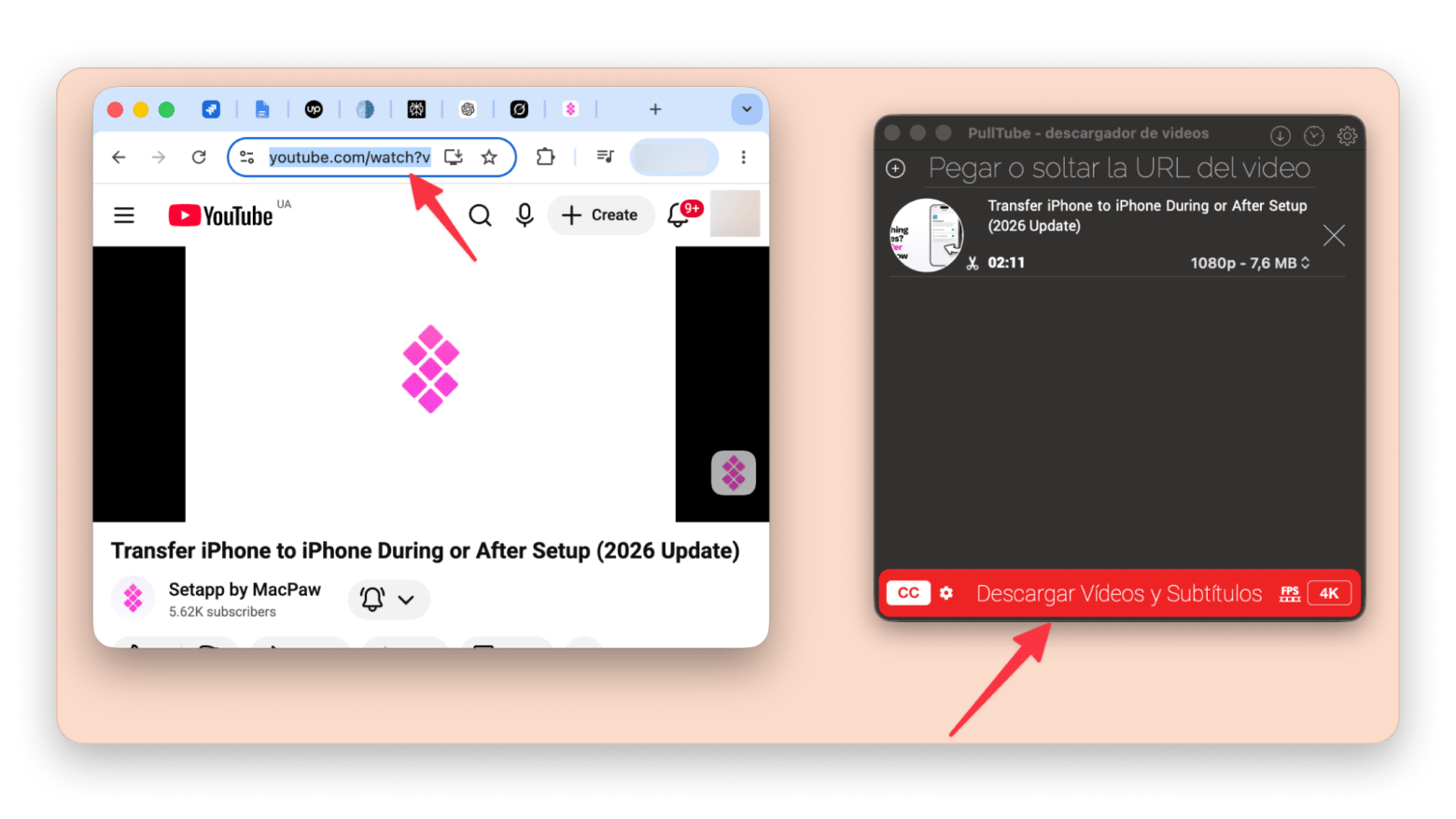 Interfaz de Pulltube mostrando la selección de calidad de vídeo &mdash; descargador disponible en Setapp.