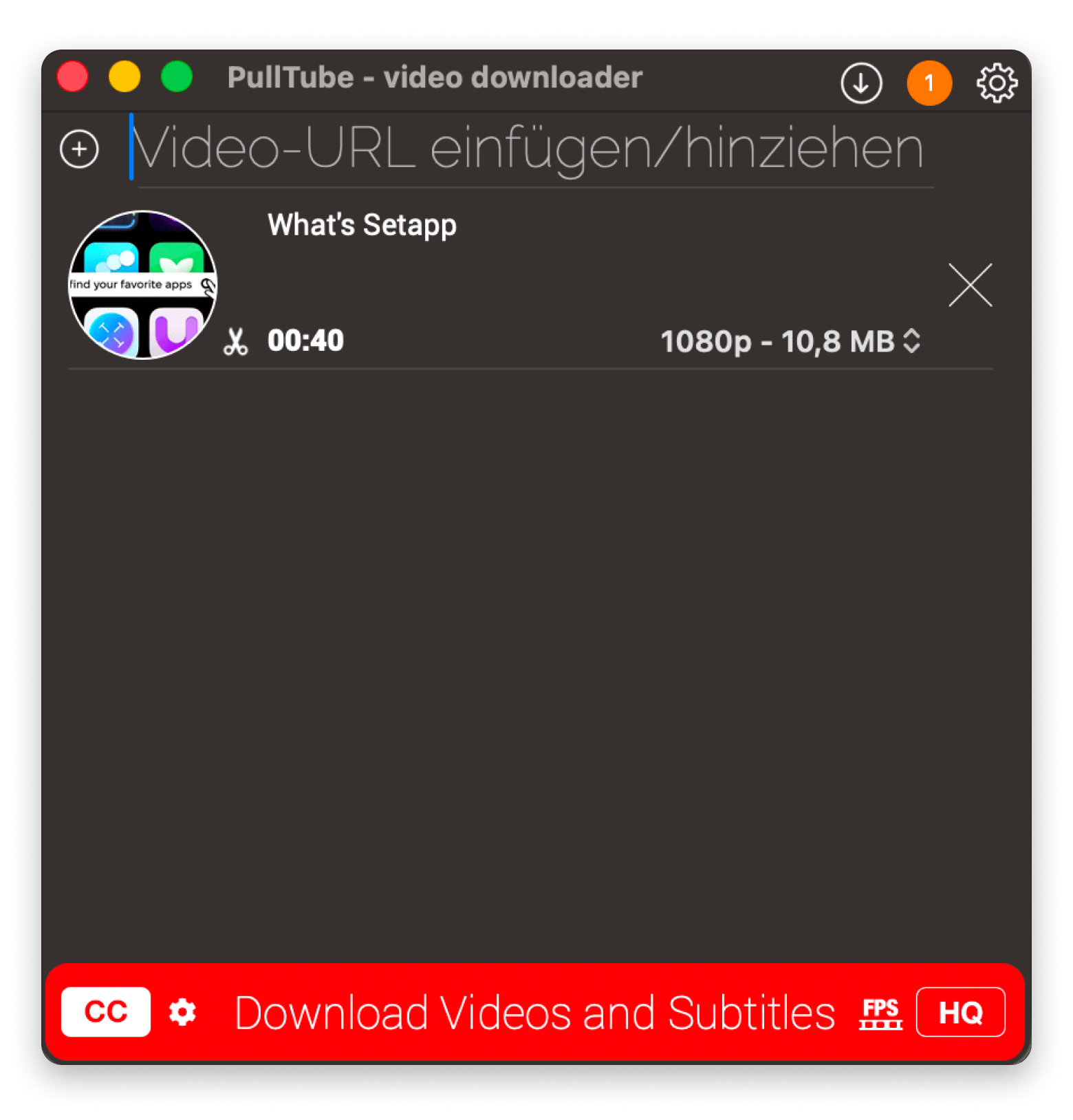 Die Oberfläche von Pulltube, einer Download-App für Mac, die auf Setapp verfügbar ist